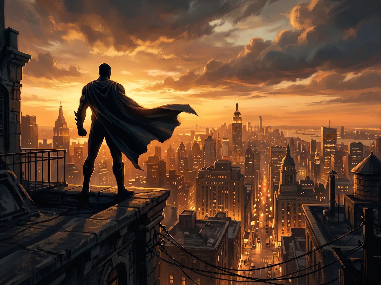A hero looking out over their city at sunset