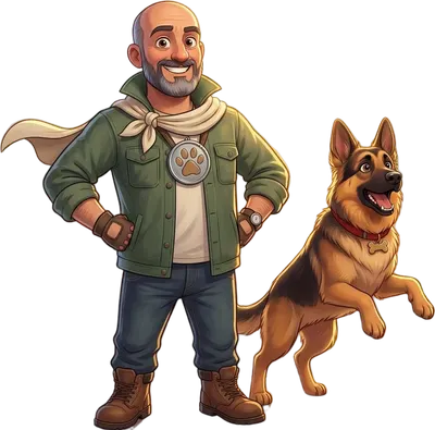 The Tail of Two Heroes - a dog owner drawn as a comic-book hero