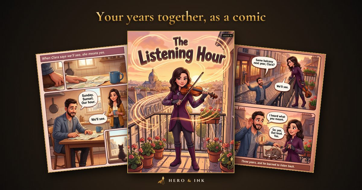 The Listening Hour comic cover, Clara with her violin on a Paris balcony, between two inside pages, under the headline Your years together, as a comic