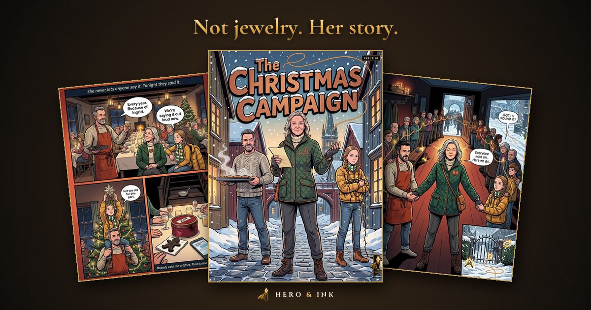 The Christmas Campaign comic cover, Ingrid with her husband and daughter in snowy Trondheim, between two inside pages, under the headline Not jewelry. Her story.