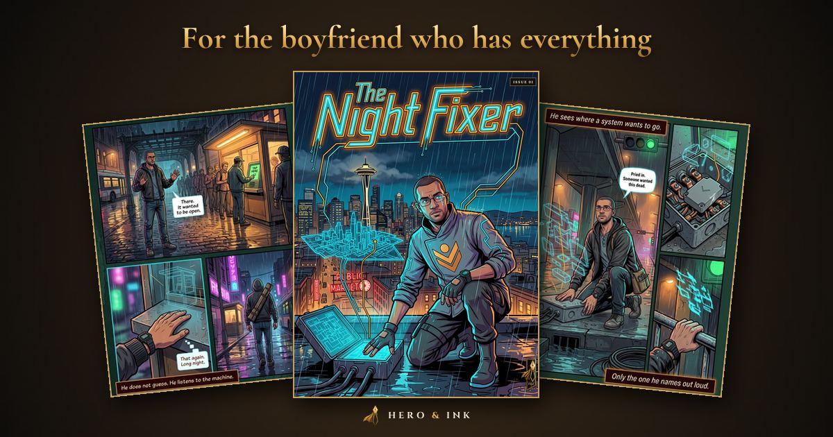The Night Fixer comic cover between two of its inside pages, under the headline For the boyfriend who has everything