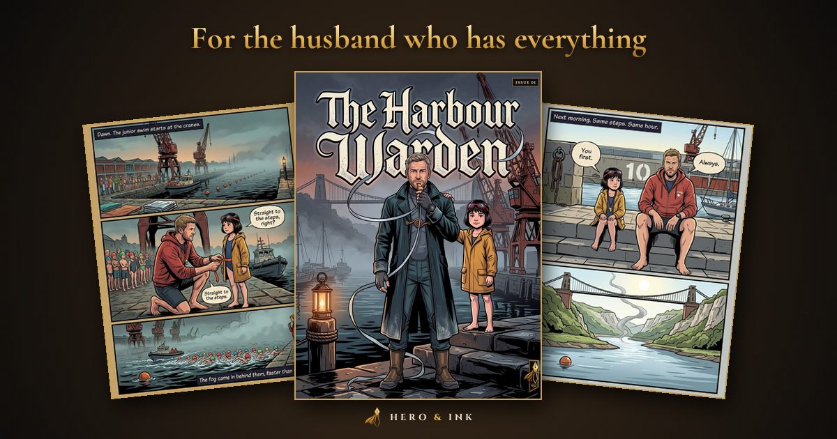 The Harbour Warden comic cover, Owen and his daughter on a Bristol quay, between two inside pages, under the headline For the husband who has everything