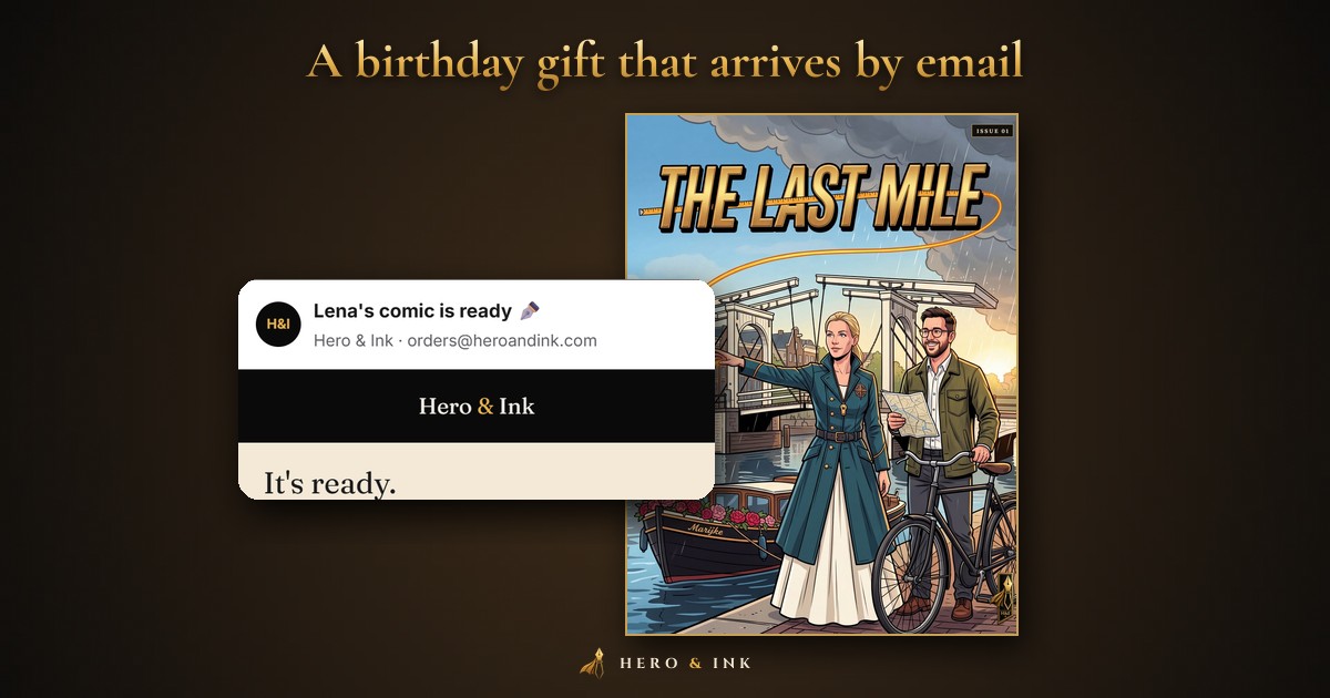 The Hero & Ink delivery email, Lena's comic is ready, beside The Last Mile comic cover, under the headline A birthday gift that arrives by email