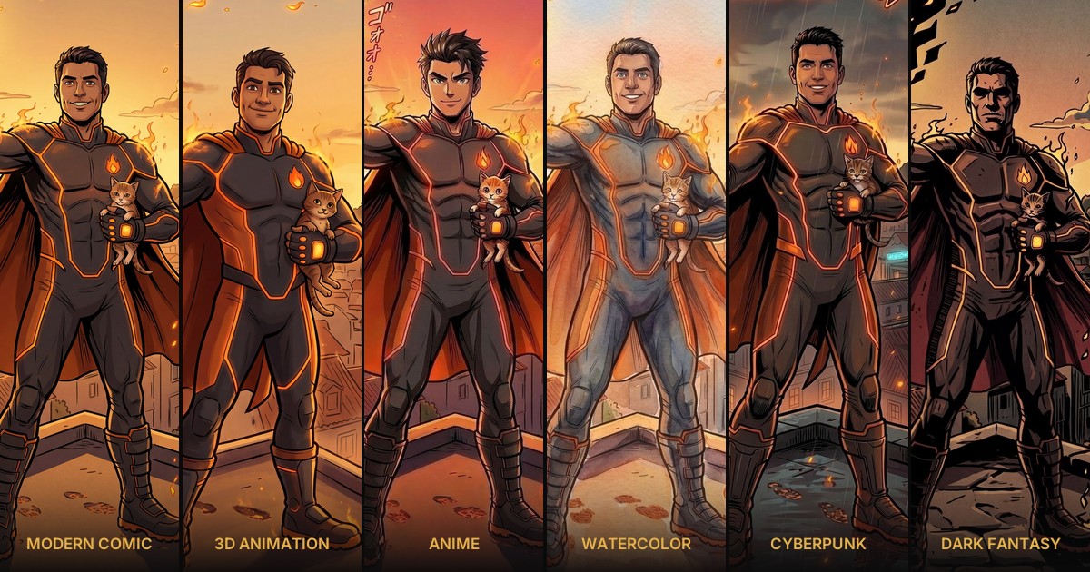 Diego from The Ember Guard drawn in all six Hero & Ink styles