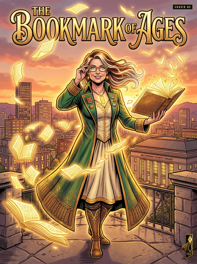 Cover of "The Bookmark of Ages", a personalized comic starring Abigail of Portland: Abigail stands outside the Multnomah County Library in Portland at sunset in an embroidered green coat, tipping her glasses with one hand and holding an open glowing book in the other while golden pages swirl through the air around her. Drawn in modern comic-book style, made as a retirement / lifelong-reader gift.