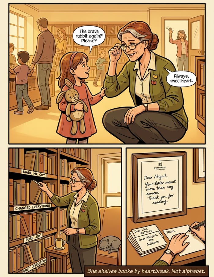 An interior page from The Bookmark of Ages: A retirement book: a librarian hero whose memory saves the past