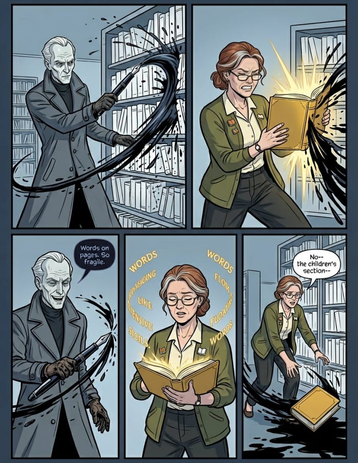 An interior page from The Bookmark of Ages: A story page: a hero at work in her own city