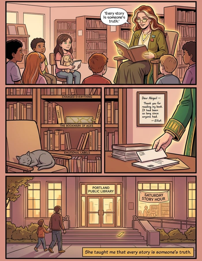 Interior page 3 of "The Bookmark of Ages", a personalized comic starring Abigail of Portland in modern comic-book style: Librarian hero whose memory saves the past. Dialogue and narration are hand-lettered into the artwork.