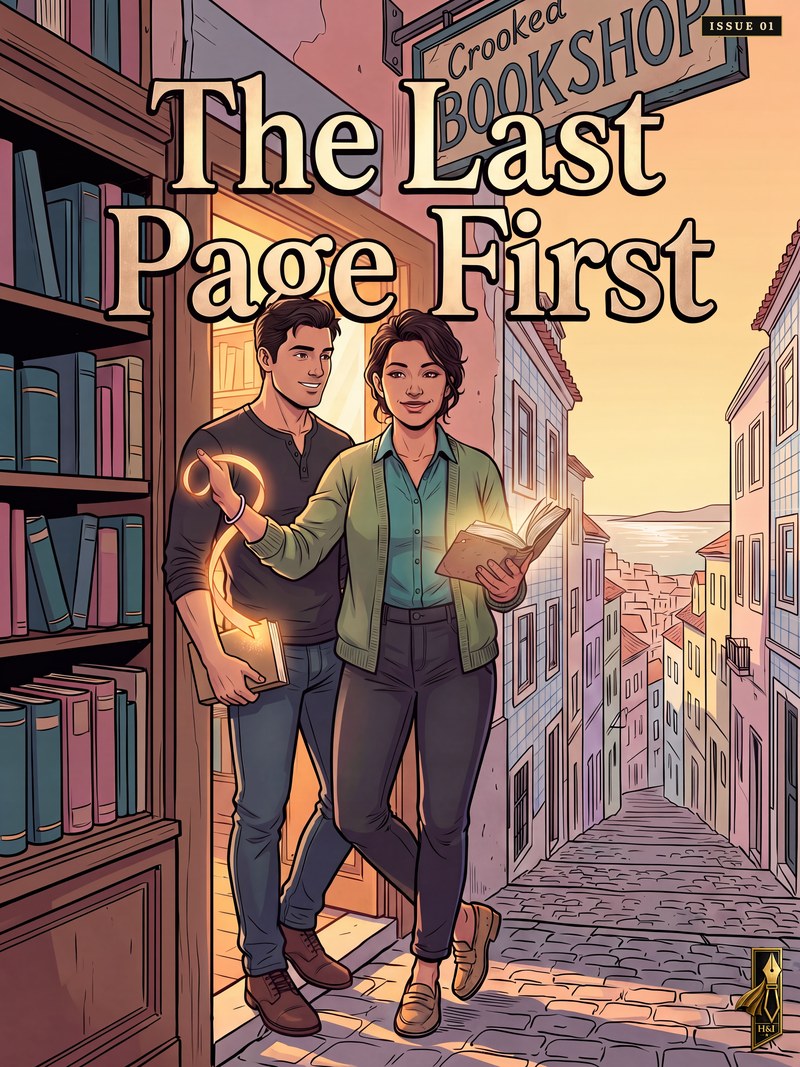 Cover of "The Last Page First", a personalized comic starring Anna of Lisbon: Anna and Leo stand together in the doorway of the Crooked Bookshop on a cobbled Lisbon lane at sunset, she in a green cardigan holding an open book, he beside her with a book under his arm and a thread of golden light curling from his hand, shelves glowing behind them and the sea at the bottom of the hill. Drawn in modern comic-book style, made as an anniversary gift for the couple who run a bookshop together.
