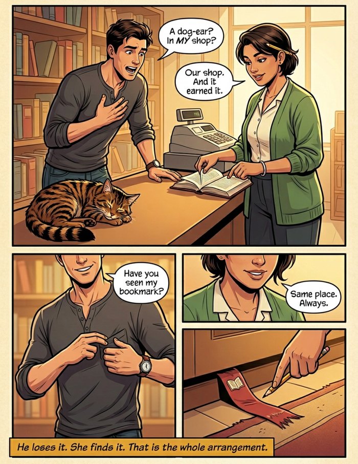 An interior page from The Last Page First: A couple's book: both faces, one story, the bookshop as the set