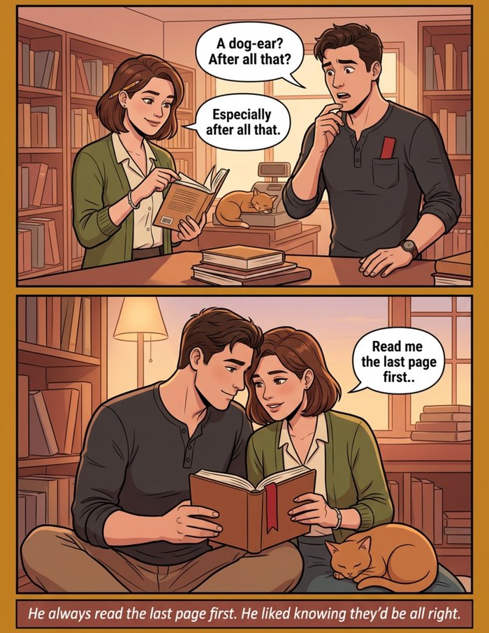Interior page 3 of "The Last Page First", a personalized comic starring Anna of Lisbon in modern comic-book style: Bookshop owner whose gift finds the small lost things that hold a life together. Dialogue and narration are hand-lettered into the artwork.