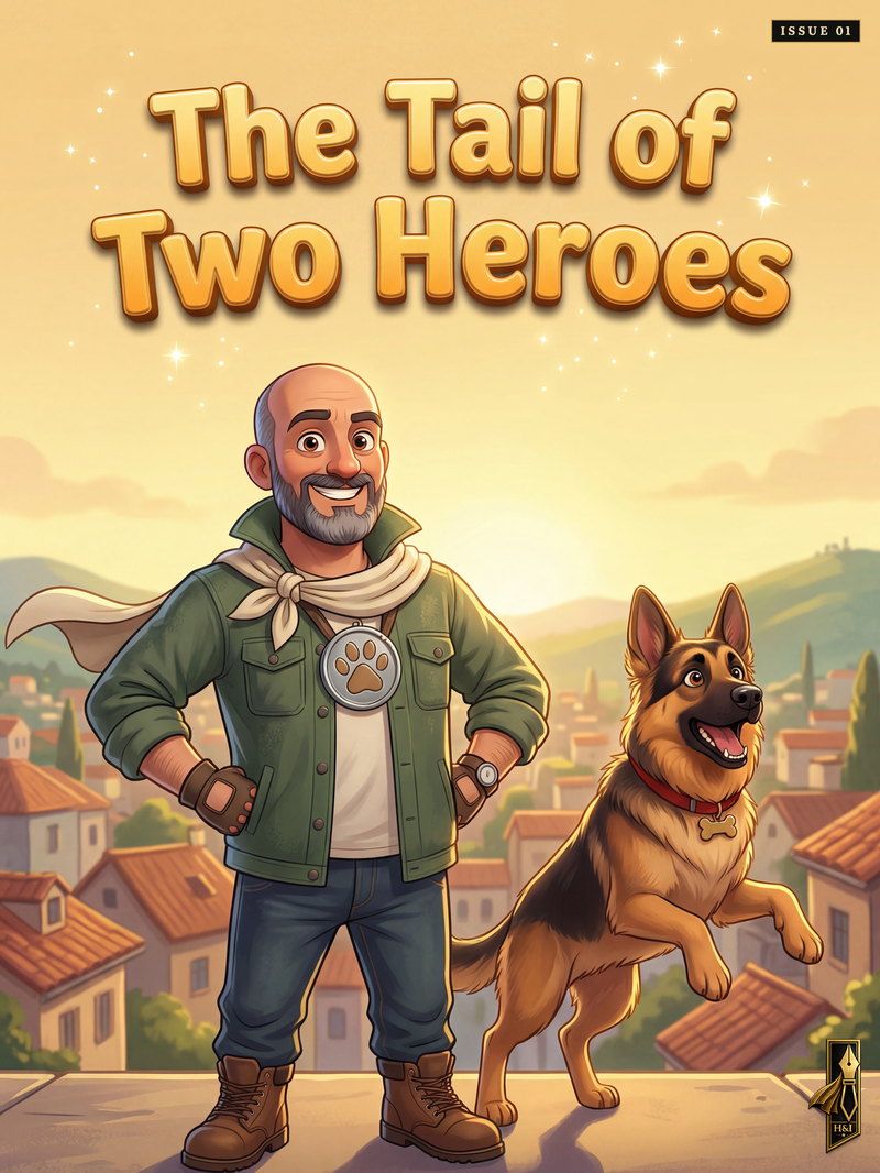 Cover of "The Tail of Two Heroes", a personalized comic starring Avtandil of Kutaisi: Avtandil stands hands on hips on a rooftop above a Georgian hillside town at sunrise, bald with a grey beard, wearing a green jacket, a paw-print medallion and a scarf that reads like a cape, his German Shepherd Bobo leaping up beside him. Drawn in 3D animated style, made as a gift for a dog owner - an adventure starring them and their best friend.