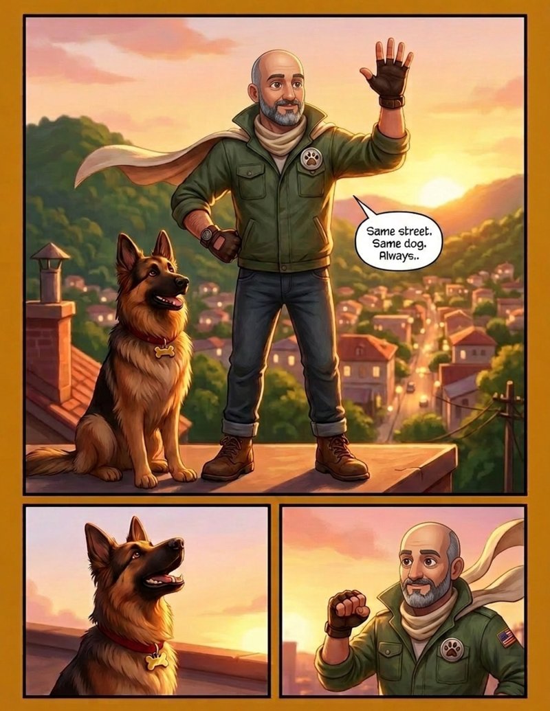 Interior page 3 of "The Tail of Two Heroes", a personalized comic starring Avtandil of Kutaisi in 3D animated style: A dog owner and his loyal German Shepherd Bobo save the neighborhood from a thieving giant magpie. Dialogue and narration are hand-lettered into the artwork.