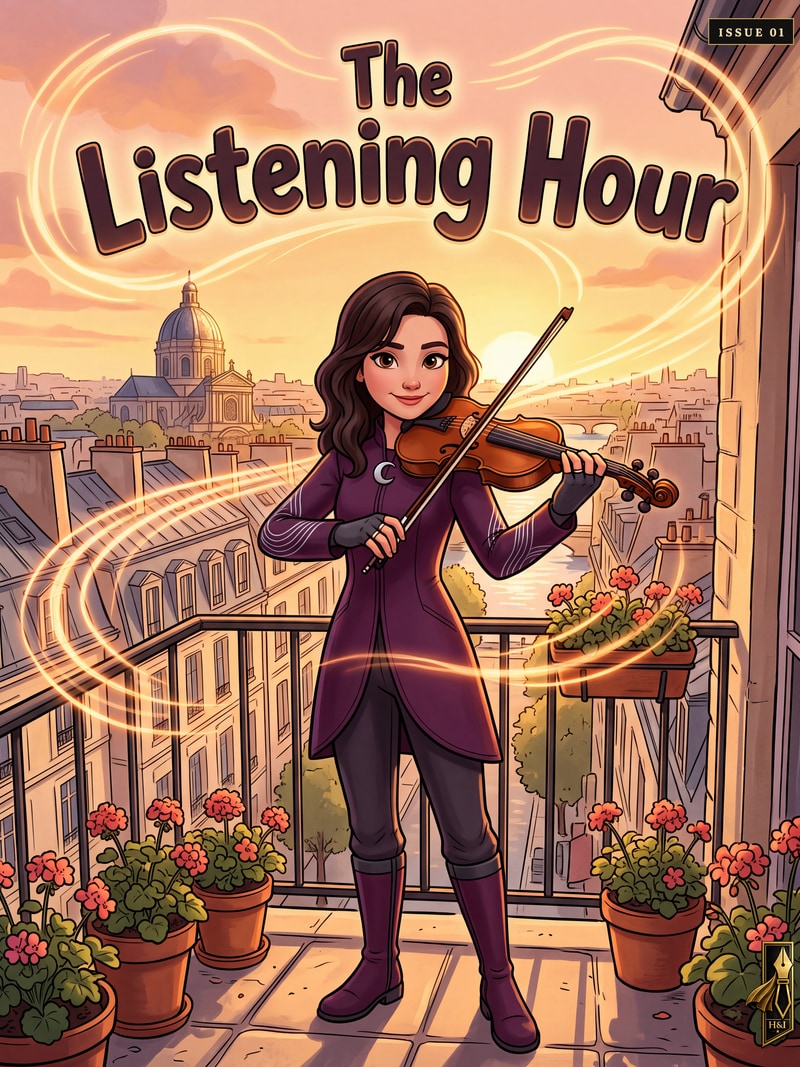 Cover of "The Listening Hour", a personalized comic starring Clara of Paris: Clara plays violin on a Le Marais balcony at sunset in a deep plum performance coat with a silver crescent emblem, eyes open with a small smile and her long dark wavy hair loose, ribbons of golden sound looping across the rooftops and around the title, the Institut de France dome and the Seine behind her between pots of geraniums. Drawn in 3D animated style, made as a third-anniversary gift for a violinist and the partner who knows her rituals.