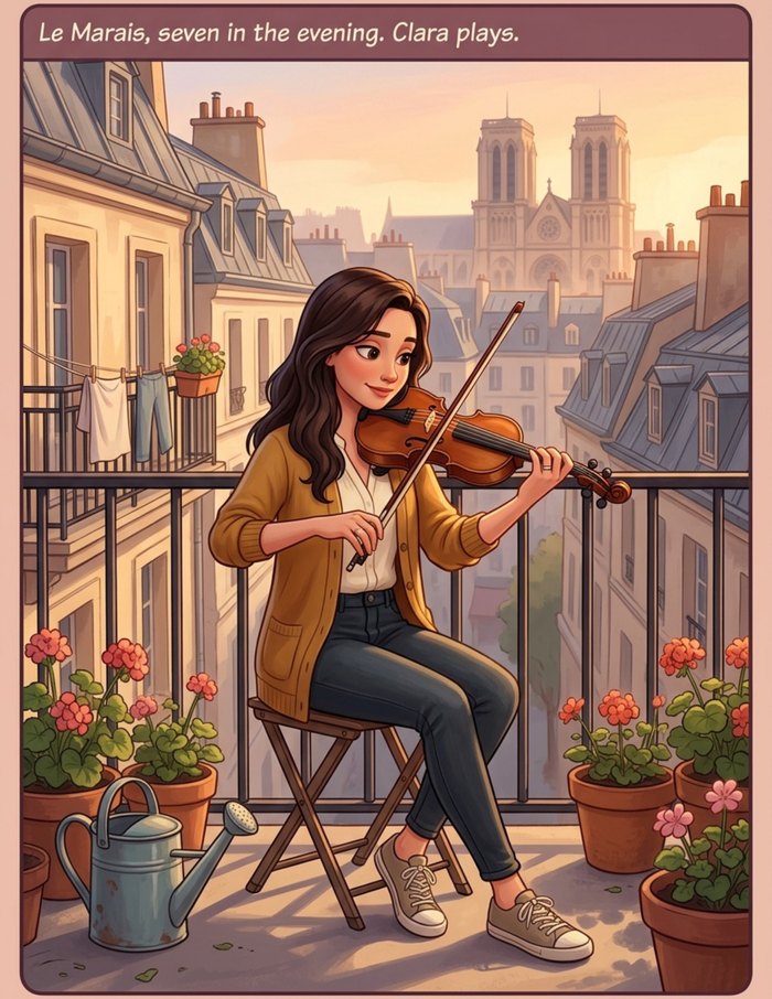 An interior page from The Listening Hour: A violinist who hears what her city needs, drawn in Paris