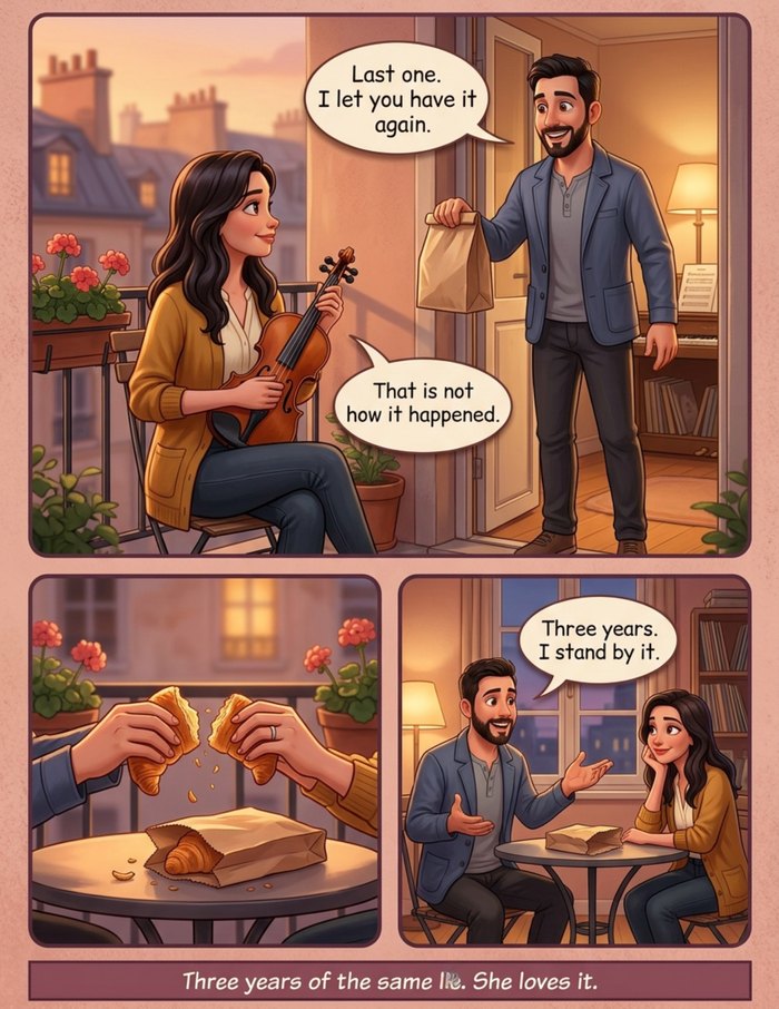 An interior page from The Listening Hour: A couple's page: the hero and the partner who knows her rituals