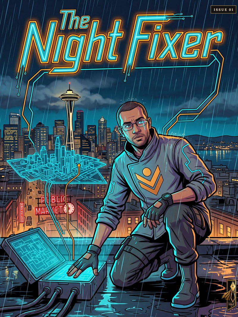 Cover of "The Night Fixer", a personalized comic starring Darius of Seattle: Darius kneels on a rain-slicked Seattle rooftop at night in a grey jacket with a gold chevron, one hand on an open junction box glowing cyan, a holographic map of the city hanging in the air beside him, the Space Needle and the Public Market sign behind. Drawn in cyberpunk neon-noir style, made as a new-chapter-at-work gift from a friend.
