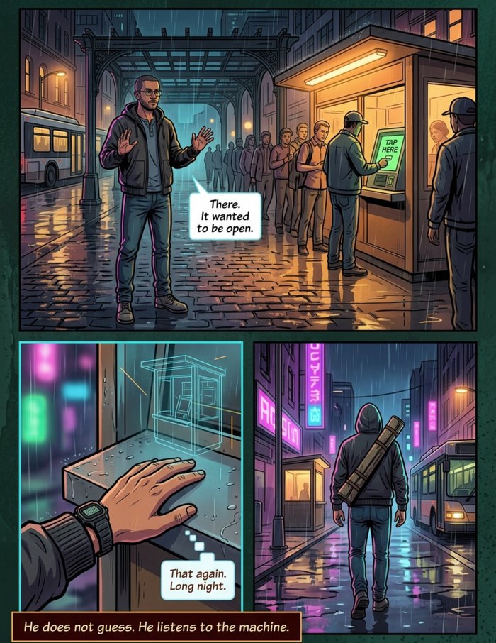 Interior page 1 of "The Night Fixer", a personalized comic starring Darius of Seattle in cyberpunk neon-noir style: The transit engineer nobody can name, who finds the one pried-in part in a city of ten million moving pieces. Dialogue and narration are hand-lettered into the artwork.