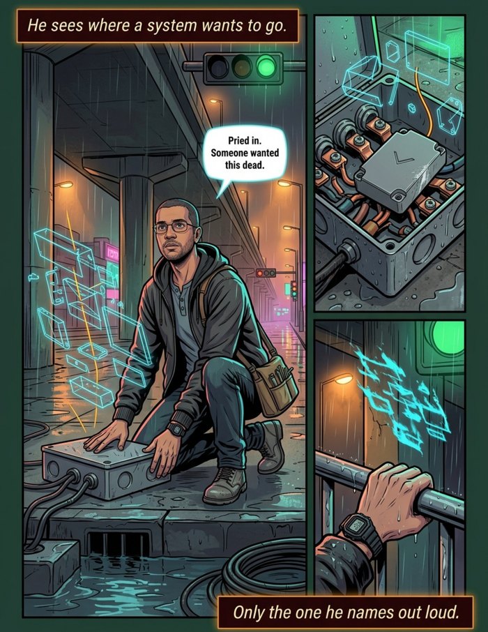 Interior page 2 of "The Night Fixer", a personalized comic starring Darius of Seattle in cyberpunk neon-noir style: The transit engineer nobody can name, who finds the one pried-in part in a city of ten million moving pieces. Dialogue and narration are hand-lettered into the artwork.