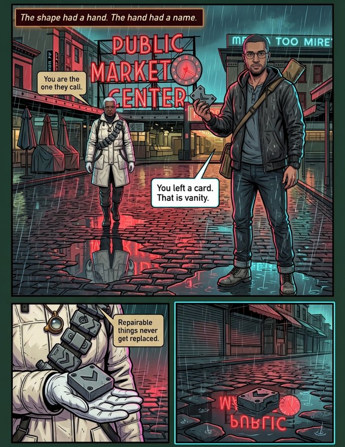 Interior page 3 of "The Night Fixer", a personalized comic starring Darius of Seattle in cyberpunk neon-noir style: The transit engineer nobody can name, who finds the one pried-in part in a city of ten million moving pieces. Dialogue and narration are hand-lettered into the artwork.