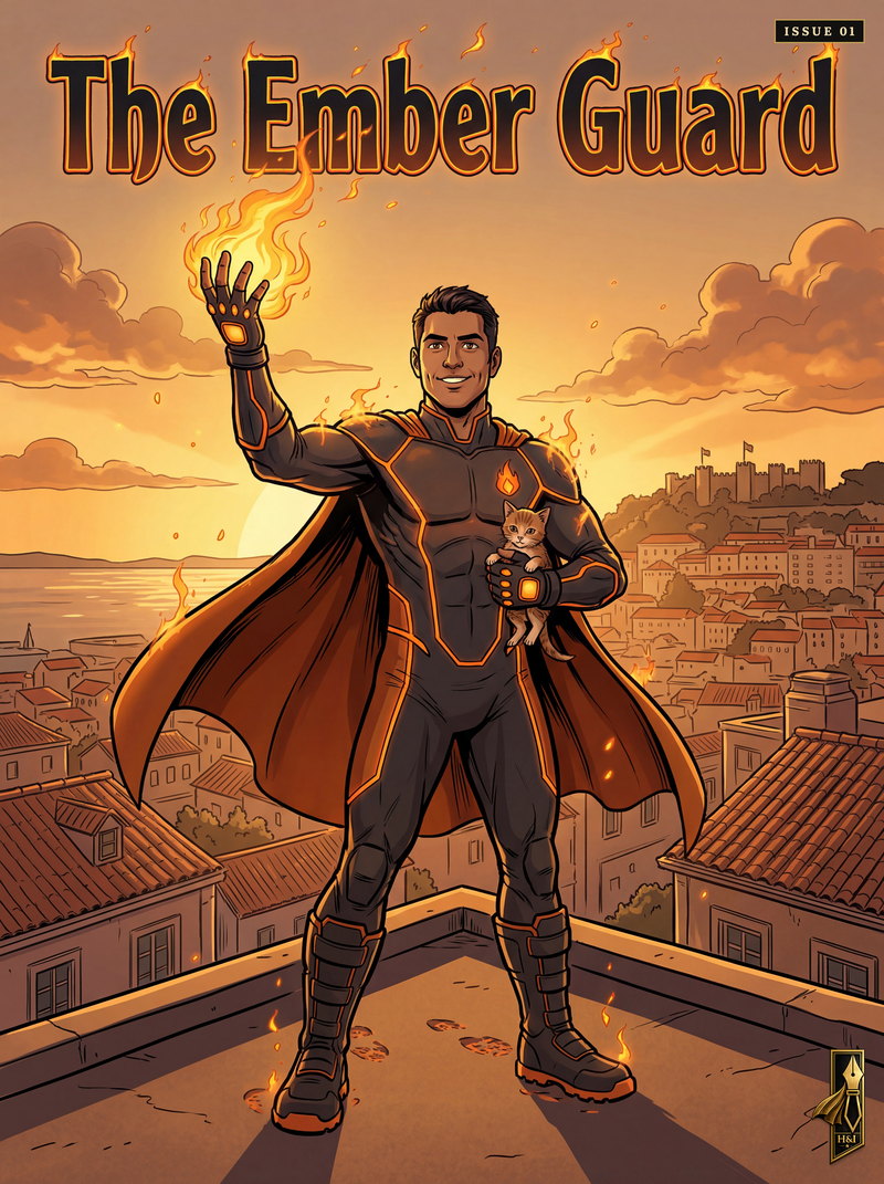 Cover of "The Ember Guard", a personalized comic starring Diego of Lisbon: Diego stands on a Lisbon rooftop at sunset in a black and orange firefighter hero suit with a flame emblem, one gauntlet raised holding a burst of fire while a rescued ginger kitten is tucked safely in his other arm, the castle hill and terracotta roofs behind him. Drawn in modern comic-book style, made as a service-anniversary gift for a first responder.