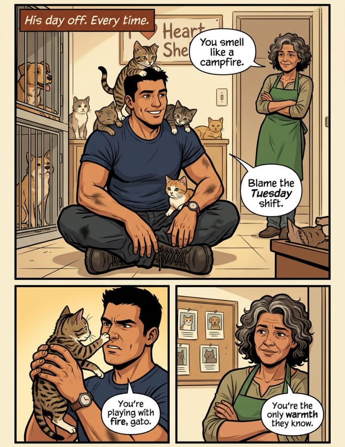 Interior page 1 of "The Ember Guard", a personalized comic starring Diego of Lisbon in modern comic-book style: Firefighter hero who carries his city through its worst night. Dialogue and narration are hand-lettered into the artwork.