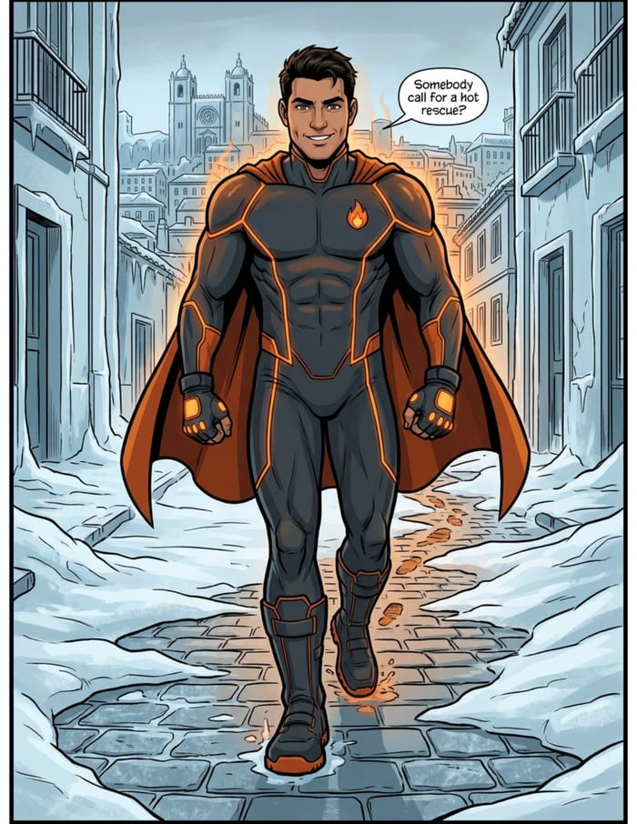 Interior page 2 of "The Ember Guard", a personalized comic starring Diego of Lisbon in modern comic-book style: Firefighter hero who carries his city through its worst night. Dialogue and narration are hand-lettered into the artwork.