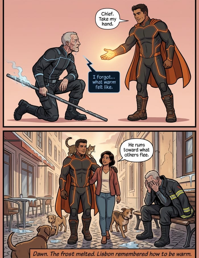 Interior page 3 of "The Ember Guard", a personalized comic starring Diego of Lisbon in modern comic-book style: Firefighter hero who carries his city through its worst night. Dialogue and narration are hand-lettered into the artwork.