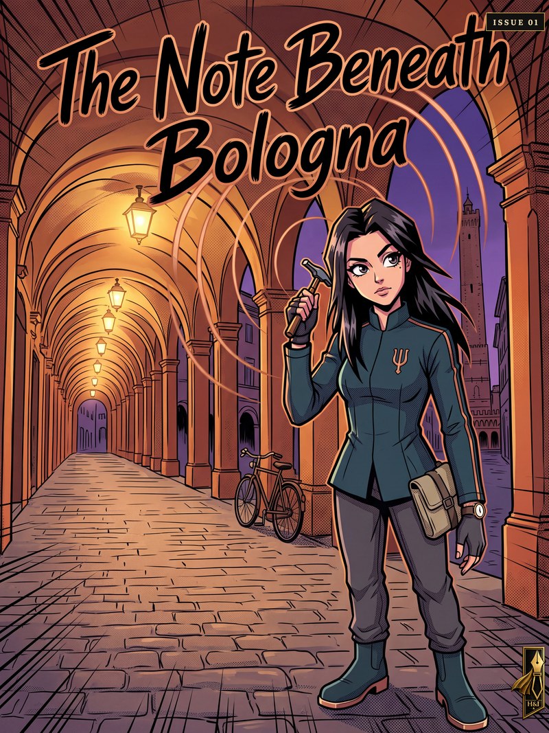 Cover of "The Note Beneath Bologna", a personalized comic starring Elena of Bologna: Elena stands under the lantern-lit porticoes of Bologna at dusk in a dark teal tuner's jacket with a tuning-fork emblem, a tuning hammer raised in one hand and a tool bag at her hip, rings of sound spreading around her, the Asinelli tower and a bicycle behind. Drawn in anime style, made as a proposal book that ends on the question, from the man asking.