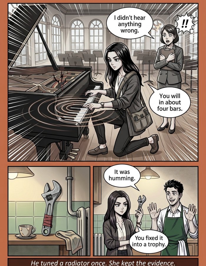Interior page 1 of "The Note Beneath Bologna", a personalized comic starring Elena of Bologna in anime style: Piano tuner who hears the one wrong note in any room, in a city that has been humming for years. Dialogue and narration are hand-lettered into the artwork.