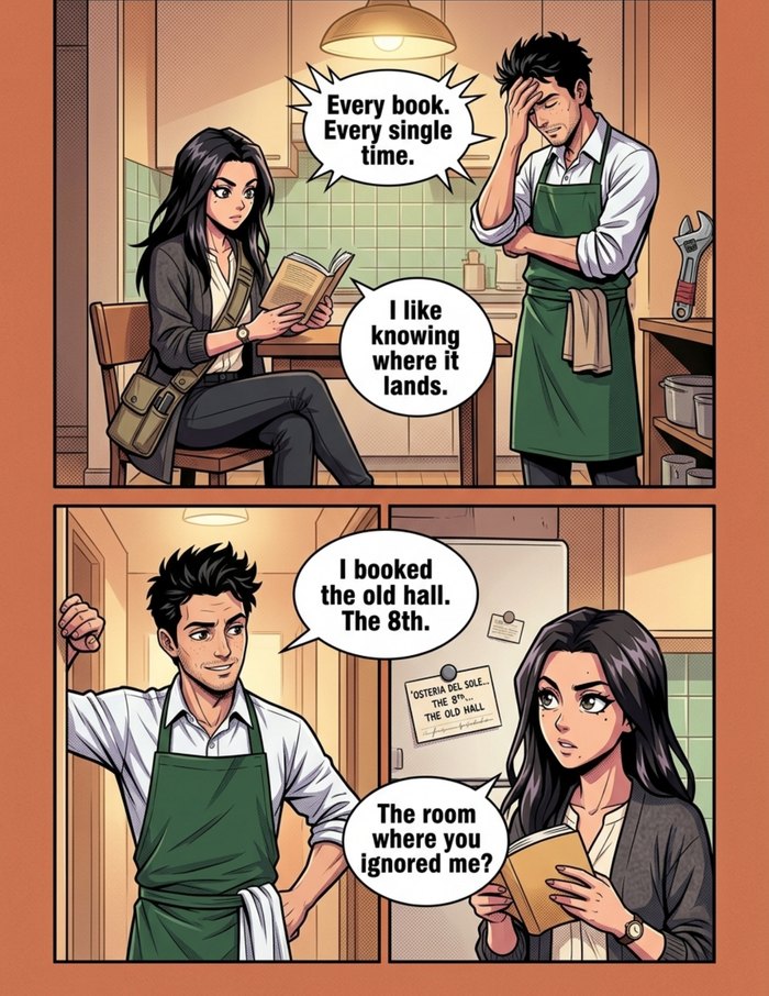 Interior page 2 of "The Note Beneath Bologna", a personalized comic starring Elena of Bologna in anime style: Piano tuner who hears the one wrong note in any room, in a city that has been humming for years. Dialogue and narration are hand-lettered into the artwork.