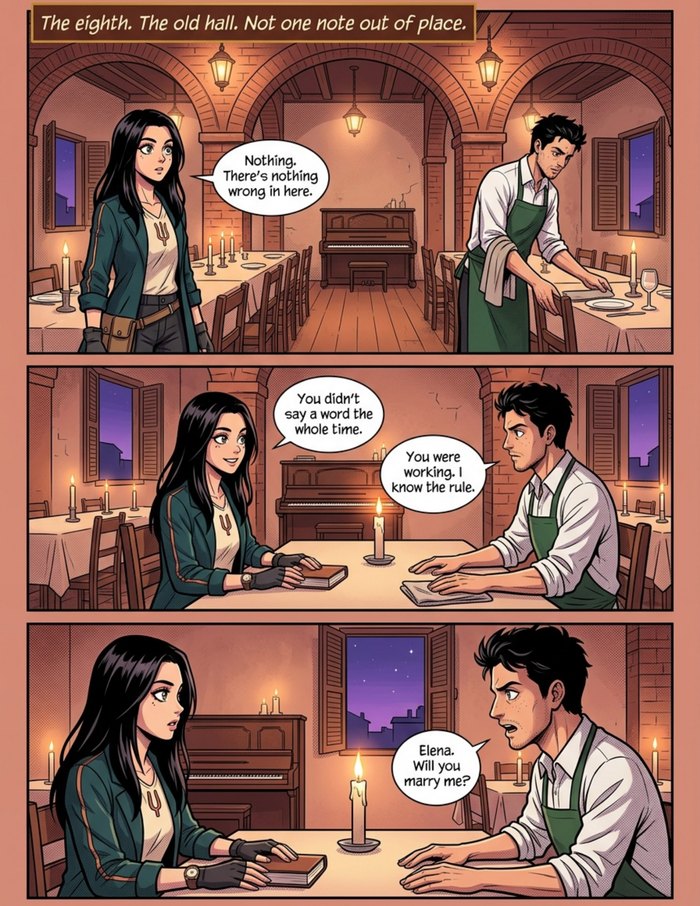 Interior page 3 of "The Note Beneath Bologna", a personalized comic starring Elena of Bologna in anime style: Piano tuner who hears the one wrong note in any room, in a city that has been humming for years. Dialogue and narration are hand-lettered into the artwork.