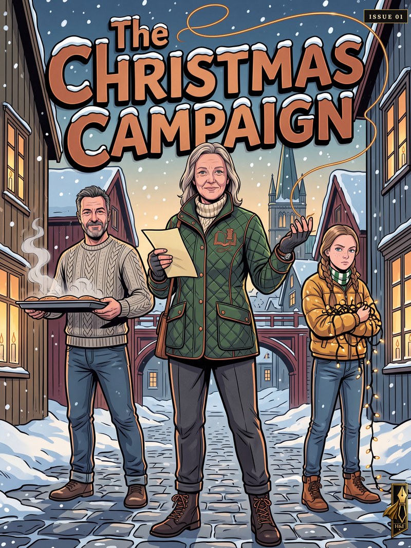 Cover of "The Christmas Campaign", a personalized comic starring Ingrid of Trondheim: Ingrid stands in a snowy Trondheim lane at dusk in a green quilted jacket and cream sweater, a list in one hand and a thread of golden light rising from the other, her husband Per beside her carrying a steaming dish and their daughter Mia wrapped in a string of fairy lights, the cathedral spire and the old wooden houses behind them. Drawn in modern comic-book style, made as a christmas gift for a mother, from the husband and daughter drawn in beside her.