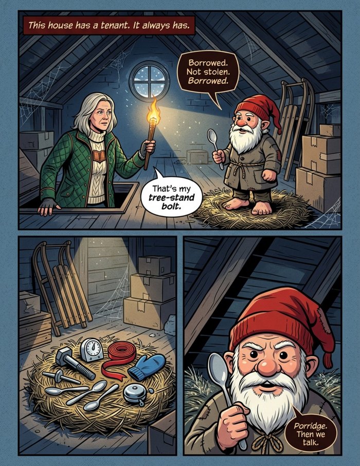 Interior page 1 of "The Christmas Campaign", a personalized comic starring Ingrid of Trondheim in modern comic-book style: School librarian who runs Christmas like a campaign and never lets anyone say so. Dialogue and narration are hand-lettered into the artwork.