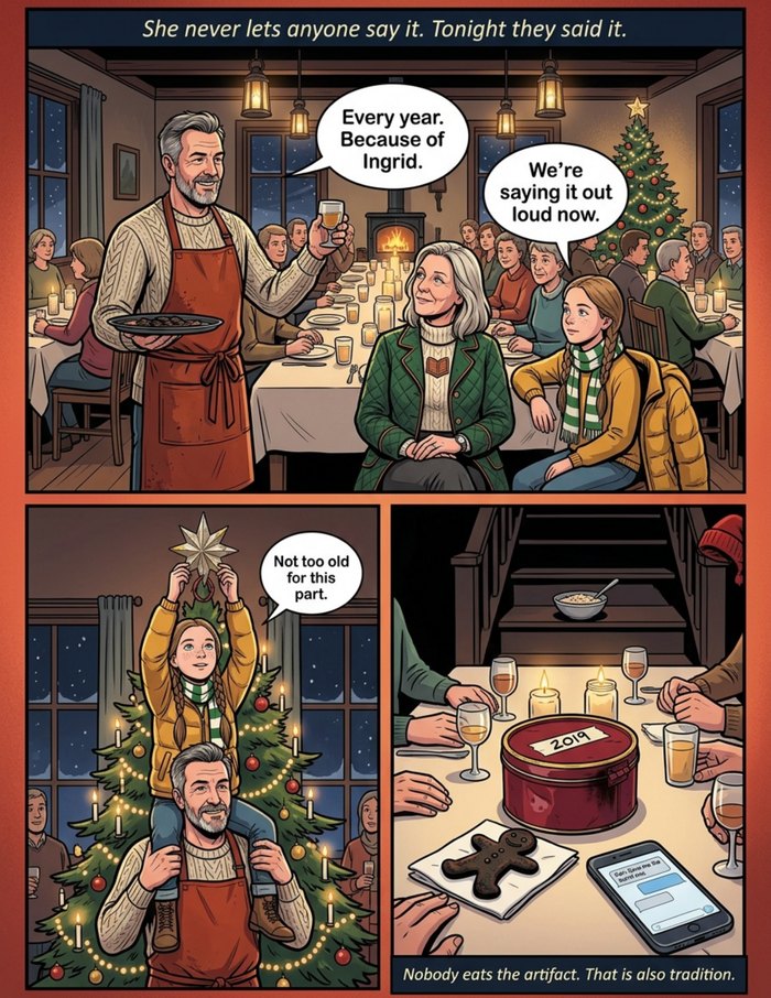 Interior page 2 of "The Christmas Campaign", a personalized comic starring Ingrid of Trondheim in modern comic-book style: School librarian who runs Christmas like a campaign and never lets anyone say so. Dialogue and narration are hand-lettered into the artwork.