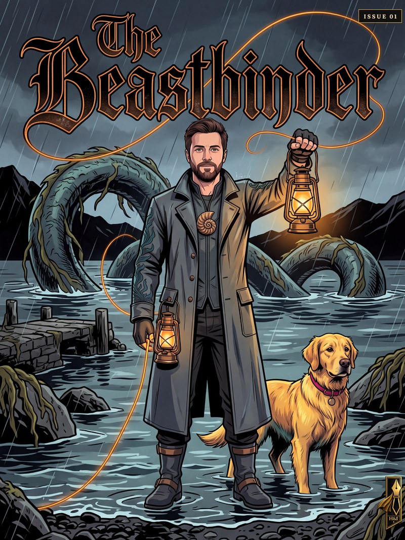 Cover of "The Beastbinder", a personalized comic starring Jack of Edinburgh: Jack stands knee-deep in a Scottish sea loch in the rain in a long dark coat with an ammonite pendant, a lit lantern raised in each hand, his golden retriever Toby at his side and the green coils of a sea serpent rising from the black water behind him. Drawn in dark fantasy style, made as a graduation gift for a brother, the first in the family to finish university.