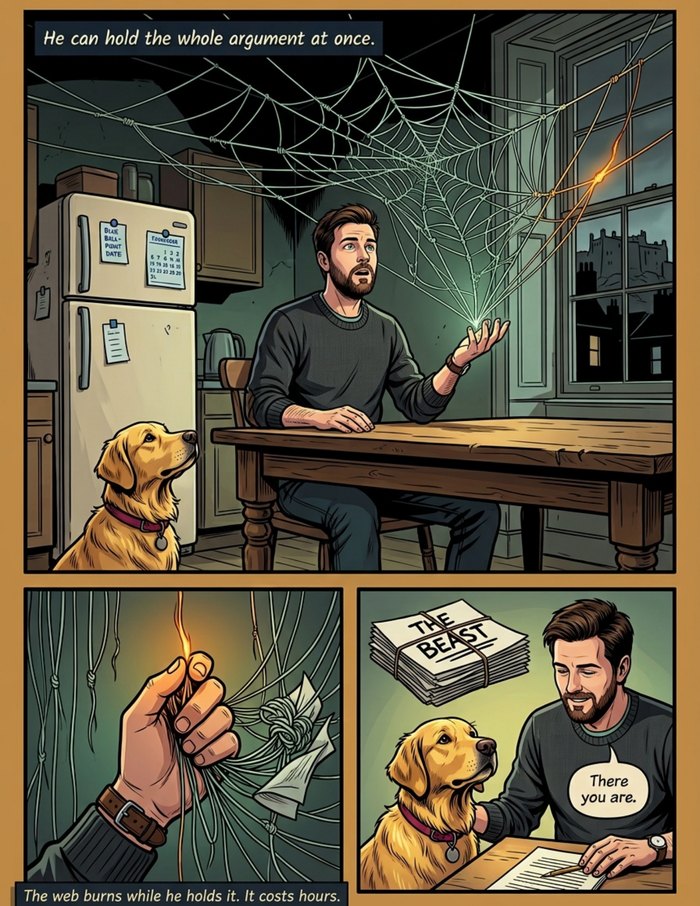 Interior page 1 of "The Beastbinder", a personalized comic starring Jack of Edinburgh in dark fantasy style: Marine biologist who binds a seven-year thesis with his dog asleep on his feet. Dialogue and narration are hand-lettered into the artwork.