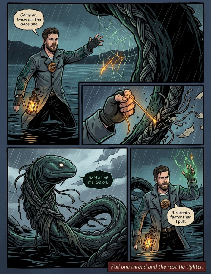 Interior page 2 of "The Beastbinder", a personalized comic starring Jack of Edinburgh in dark fantasy style: Marine biologist who binds a seven-year thesis with his dog asleep on his feet. Dialogue and narration are hand-lettered into the artwork.