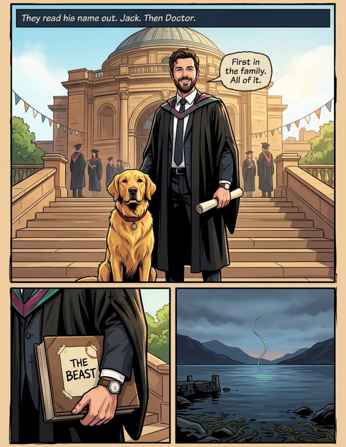 Interior page 3 of "The Beastbinder", a personalized comic starring Jack of Edinburgh in dark fantasy style: Marine biologist who binds a seven-year thesis with his dog asleep on his feet. Dialogue and narration are hand-lettered into the artwork.