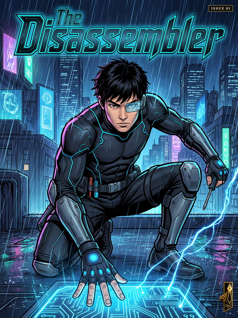 Cover of "The Disassembler", a personalized comic starring Kenji of Tokyo: Kenji crouches in the rain on a neon-soaked Tokyo street in a black tech suit with articulated metal armor, a screwdriver in one hand and a glowing blue circuit diagram spreading out beneath his other palm. Drawn in modern comic-book style, made as a career milestone for a maker / fixer.