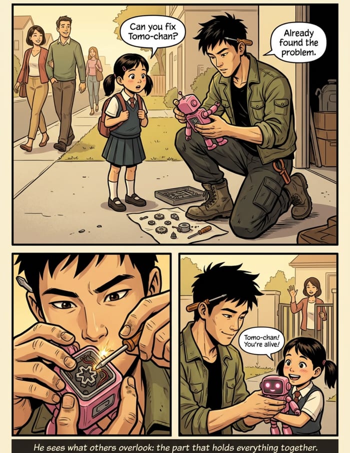 Interior page 1 of "The Disassembler", a personalized comic starring Kenji of Tokyo in modern comic-book style: Engineer hero who takes apart a broken system to rebuild it. Dialogue and narration are hand-lettered into the artwork.