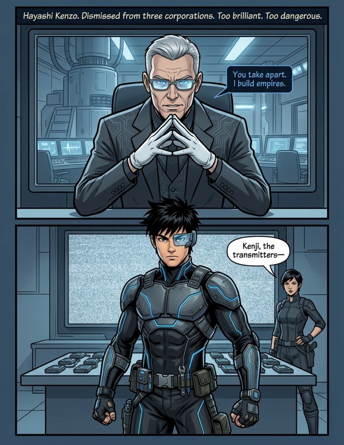 Interior page 2 of "The Disassembler", a personalized comic starring Kenji of Tokyo in modern comic-book style: Engineer hero who takes apart a broken system to rebuild it. Dialogue and narration are hand-lettered into the artwork.
