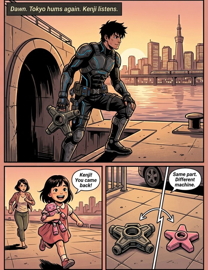 Interior page 3 of "The Disassembler", a personalized comic starring Kenji of Tokyo in modern comic-book style: Engineer hero who takes apart a broken system to rebuild it. Dialogue and narration are hand-lettered into the artwork.