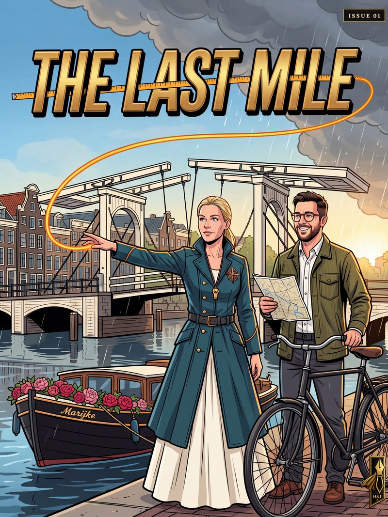 Cover of "The Last Mile", a personalized comic starring Lena of Amsterdam: Lena stands on an Amsterdam quay in a teal captain's coat over a white wedding dress, pointing along a thread of golden light, her fiance David beside her with a bicycle and a map, the boat Marijke loaded with peonies below them and the Magere Brug drawbridge behind. Drawn in modern comic-book style, made as a wedding gift for a couple, from the best friend who watched the plan work.