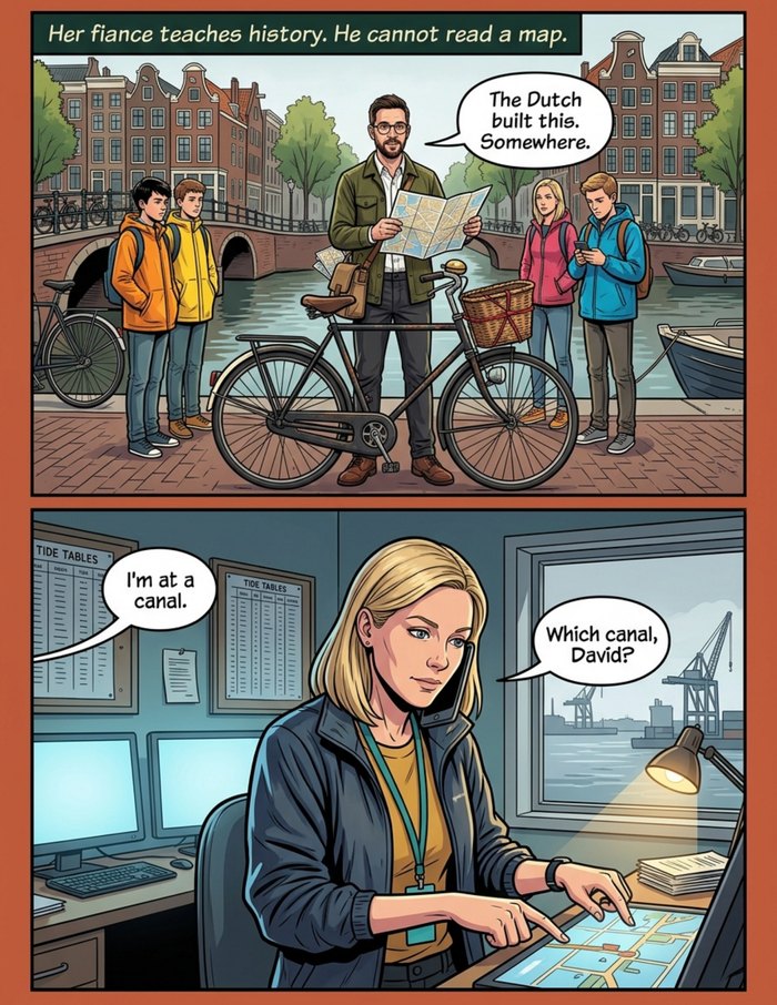Interior page 1 of "The Last Mile", a personalized comic starring Lena of Amsterdam in modern comic-book style: Port logistics planner who gets anyone across the water, even the groom. Dialogue and narration are hand-lettered into the artwork.