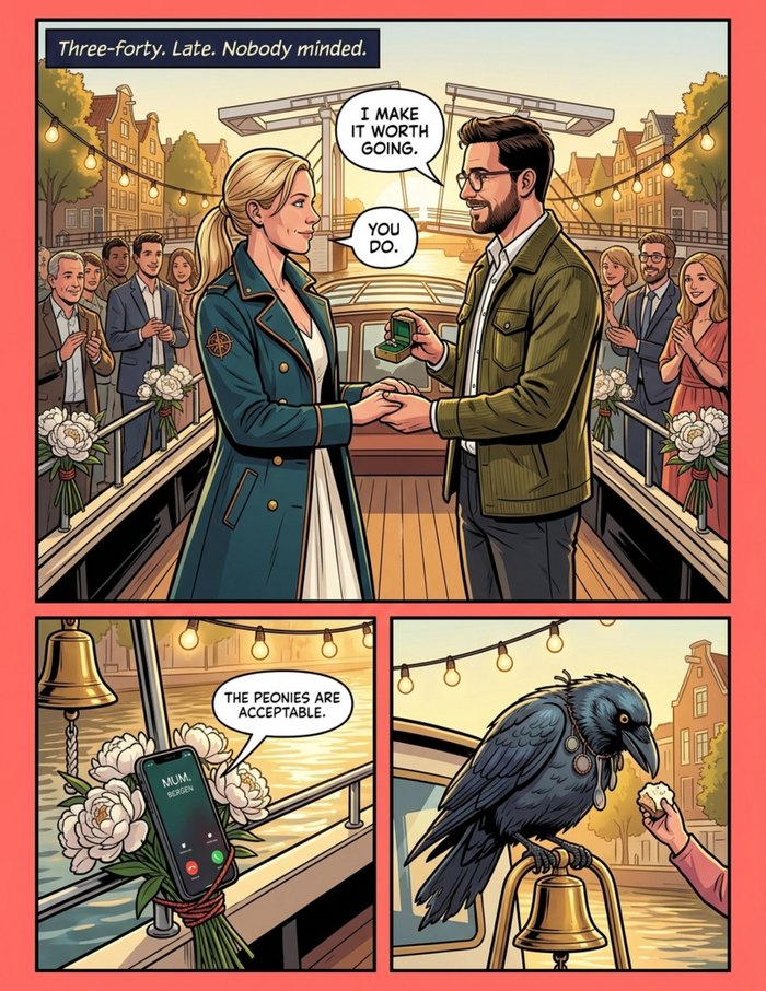 Interior page 2 of "The Last Mile", a personalized comic starring Lena of Amsterdam in modern comic-book style: Port logistics planner who gets anyone across the water, even the groom. Dialogue and narration are hand-lettered into the artwork.