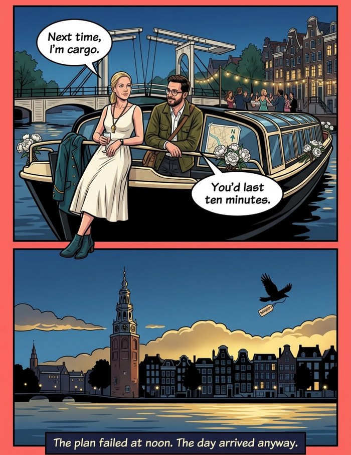 Interior page 3 of "The Last Mile", a personalized comic starring Lena of Amsterdam in modern comic-book style: Port logistics planner who gets anyone across the water, even the groom. Dialogue and narration are hand-lettered into the artwork.