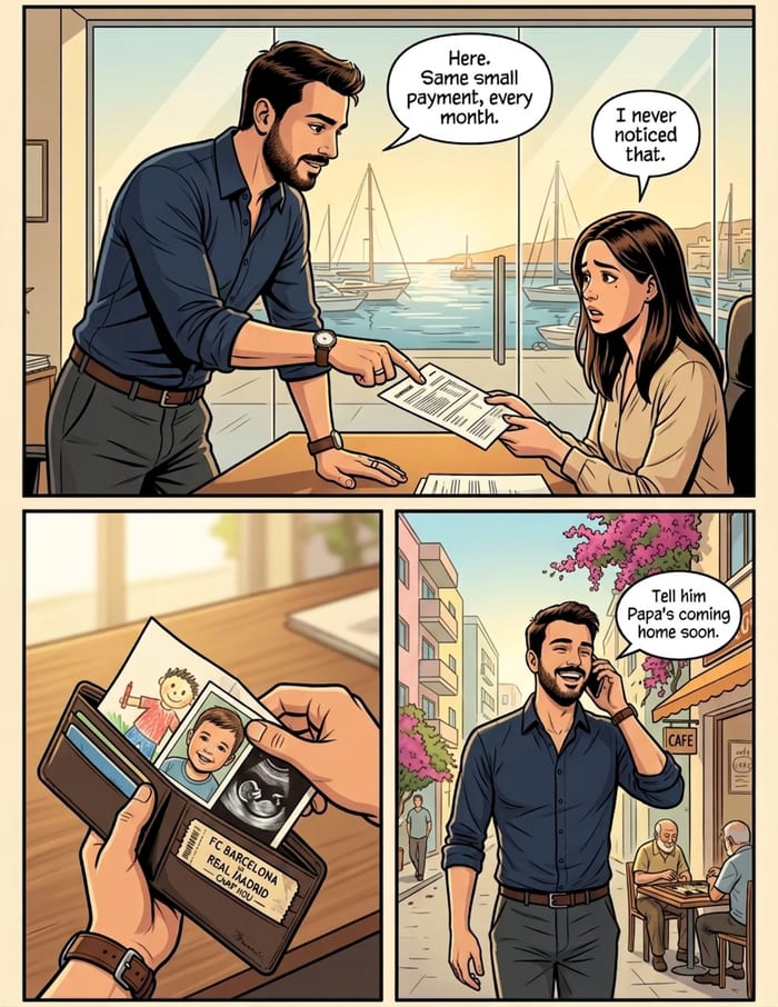 An interior page from The Quiet Hours: A new father whose patience saves the small things, drawn in Limassol