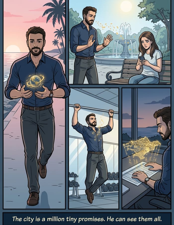 Interior page 2 of "The Quiet Hours", a personalized comic starring Levan of Limassol in modern comic-book style: Financial-analyst hero whose patience saves the small things. Dialogue and narration are hand-lettered into the artwork.