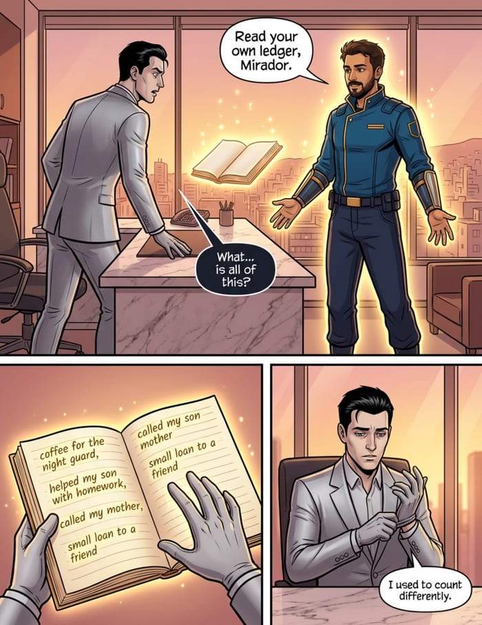 Interior page 3 of "The Quiet Hours", a personalized comic starring Levan of Limassol in modern comic-book style: Financial-analyst hero whose patience saves the small things. Dialogue and narration are hand-lettered into the artwork.